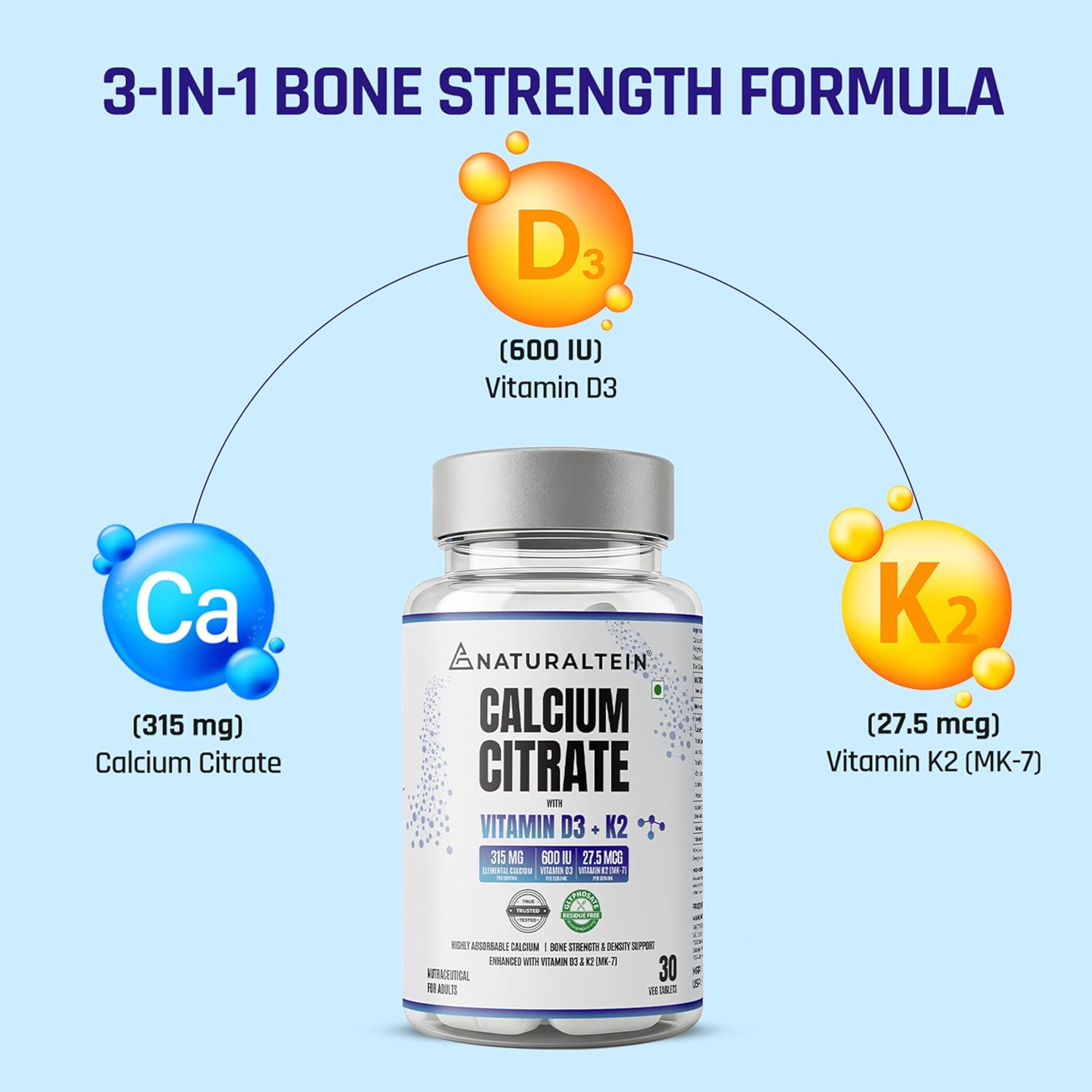 NATURALTEIN Calcium Citrate with Vitamin D3 & K2 MK-7 | High Absorption Bone & Joint Support | Helps Calcium Utilization, Muscle Strength & Immunity | Vegan, Non-GMO | 30 Tablets
