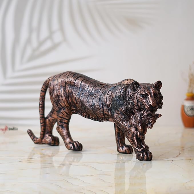 Ecraftindia Rustic Brown Polyresin Lioness With Cub Statue Animal Figurine Decorative Showpiece