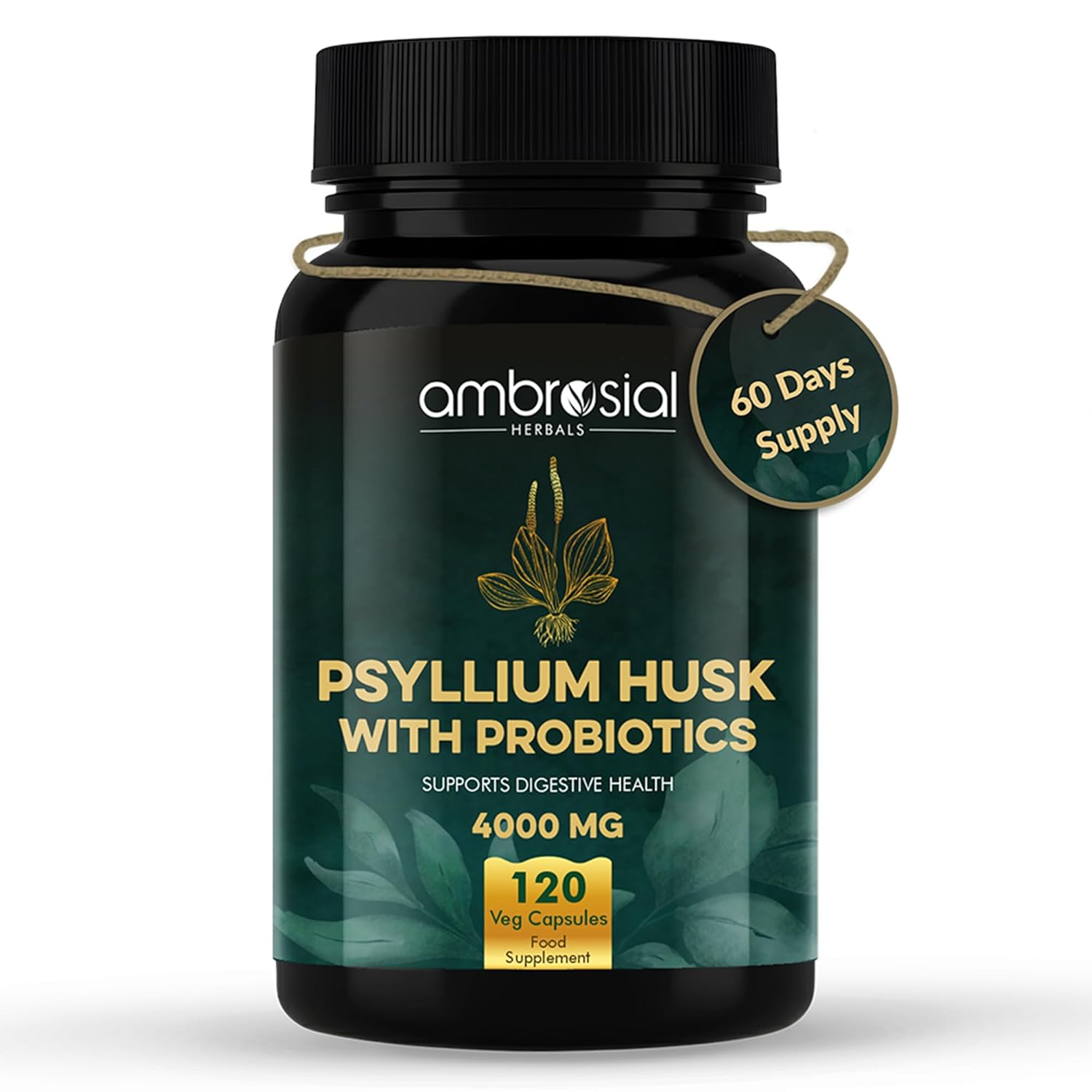 Ambrosial Psyllium Husk Capsules - 4000 MG with Probiotics: Detoxify and Revitalize Your Digestive System with Natural Fiber Support - 120 Vegan Capsules