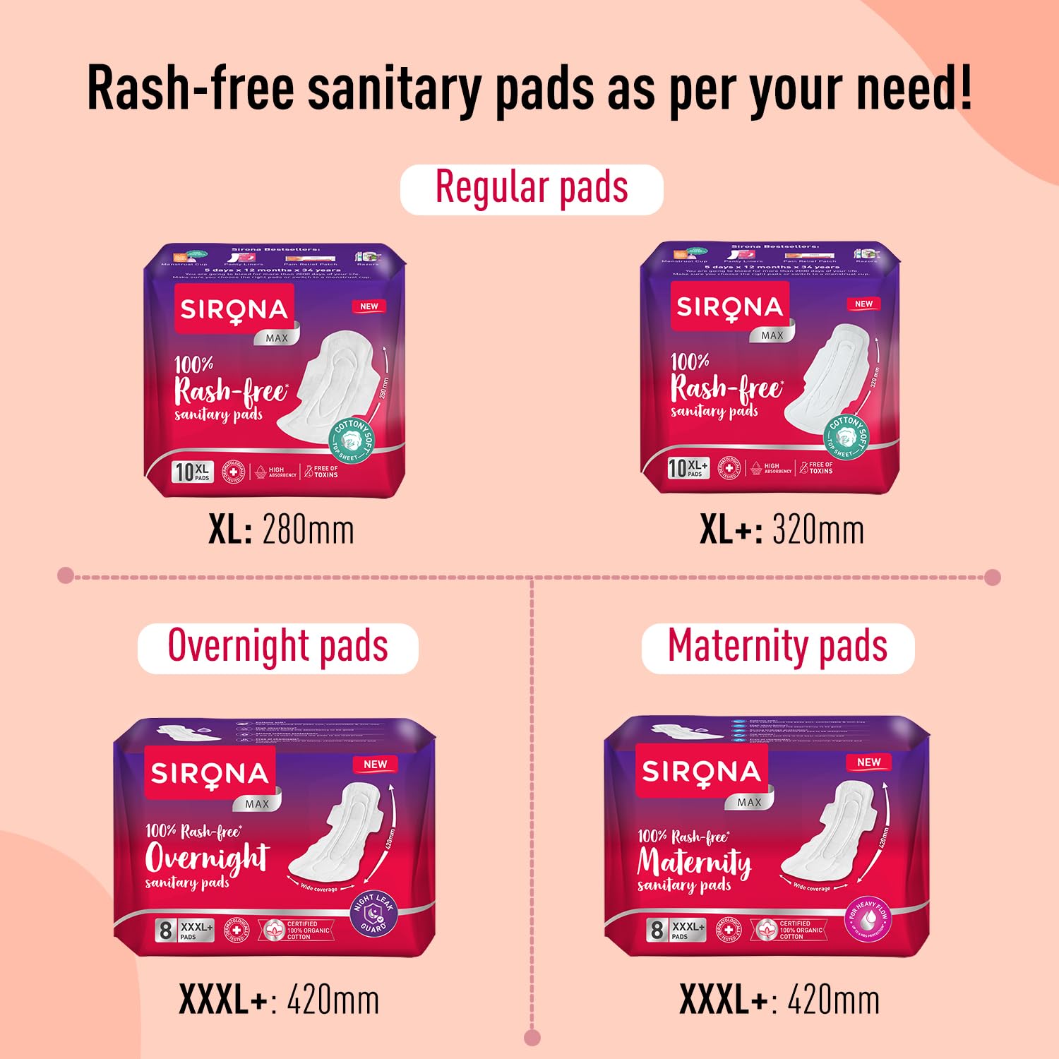 Sirona Max Sanitary Pads for Women | XL Plus (Pack of 10 Pads) | 100% Rash Free & Toxic-Free | Organic Cotton Sanitary Pad | Up to 0% Leakage, Comfortable & High Absorbency