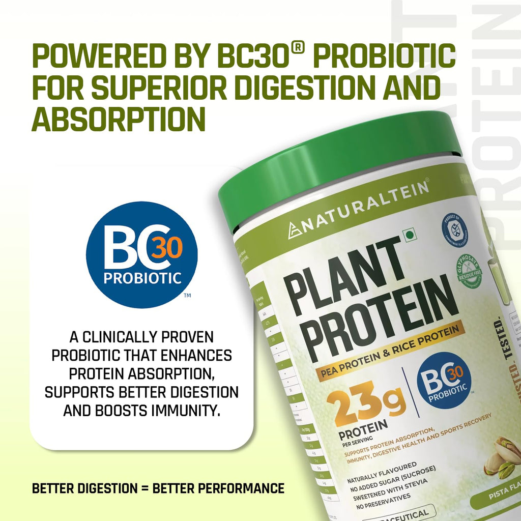 NATURALTEIN Plant Protein | 23g Clean Vegan Protein with BC30 Probiotic | Natural Pista Flavour | Supports Strength, Energy & Gut Health | No Added Sugar, 100% Natural & Easily Digestible