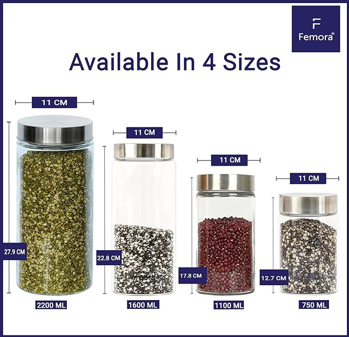 Femora Kitchen Storage Jars Borosilicate Glass With Steel Lid Air Tight Kitchen Jar and Container | 1600 ML | Pack of 2