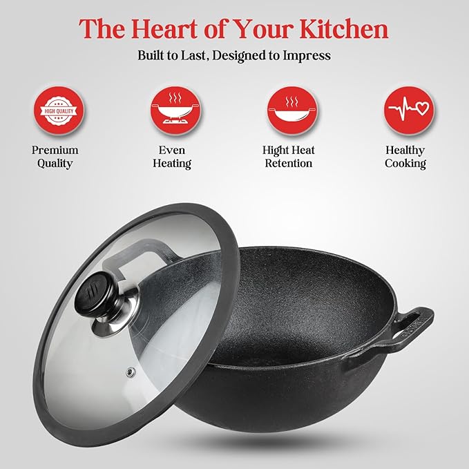 Vinod Legacy Pre Seasoned Cast Iron Kadai with Glass Lid - 3.3 Litre, 24 cm | Naturally Non Stick Kadhai for Cooking