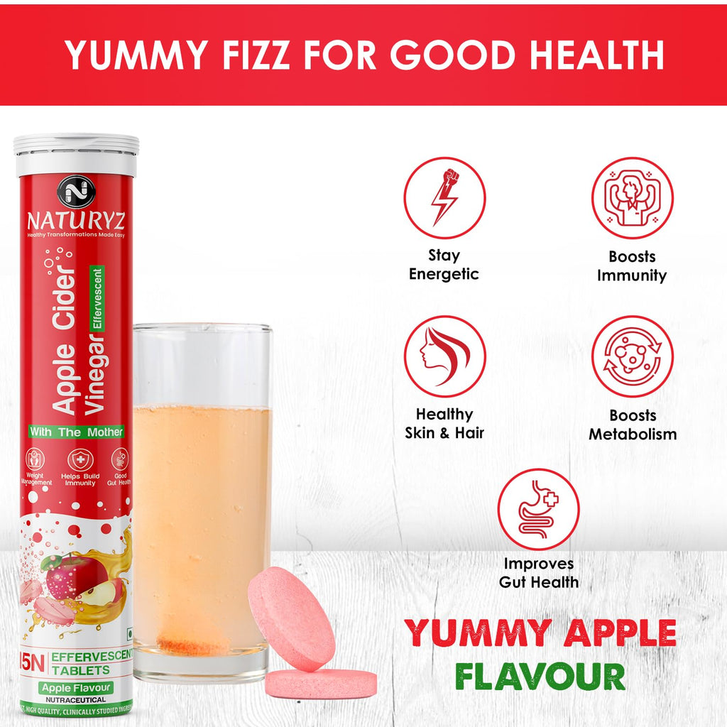 Naturyz Apple Cider Vinegar Effervescent Tablets | Detox | Immunity | Supports Digestion | Gluten-Free | Vegan - 15 tablets (Apple Flavour)