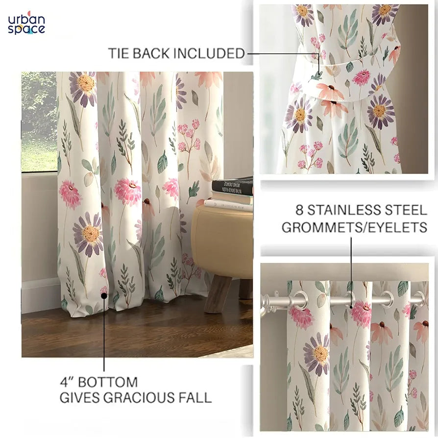 Urban Space Digital Printed Blackout Curtains for Door Bedroom Room Darkening Blackout Kids Decorative Curtains Frost Flora Pink