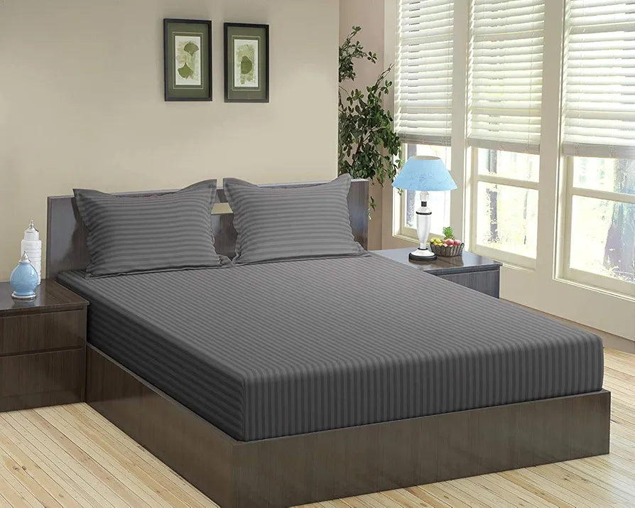Trance Home Linen 100% Cotton 78x72 inch King Fitted 200TC Satin Stripe Elastic Fitted Bedsheet with 2 Pillow Covers Colour Dark Grey
