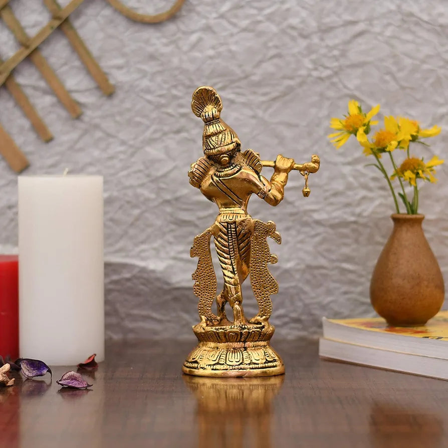 Collectible India Lord Krishna Idol Statue Krishna Idols Gold Plated Flute Playing Krishan