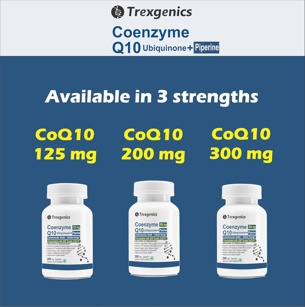 Trexgenics COENZYME Q10 125 mg USP grade Ubiquinone (Ubidecarenone) with Piperine 5 mg Antioxidant, Cellular Energy, Heart Health (30 Veg Capsules))