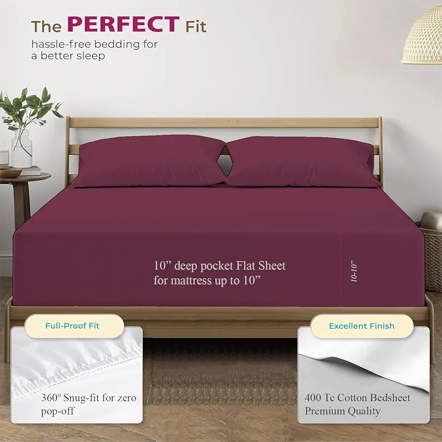 Trance Home Linen 100% Cotton 78x72 inch King Elastic Fitted Bedsheet | 400TC Soft Durable Plain with 2 Pillow Covers Colour Deep Wine