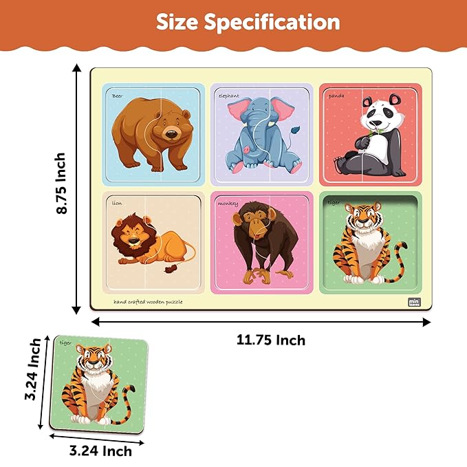 Mini Leaves 2 Piece Puzzle for Kids | Safari Animals Jigsaw Puzzle | Set of 6 Wooden Puzzles for Kids | Educational Toys for Kids