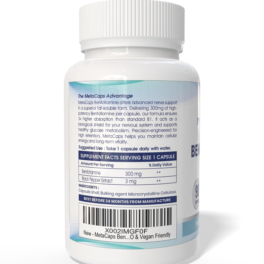 MetaCaps Benfotiamine 300mg Supplement – 90 Veg Capsules | High Absorption Fat-Soluble Vitamin B1 | Supports Nerve Health, Sugar Metabolism & Cellular Energy | Non-GMO & Vegan Friendly