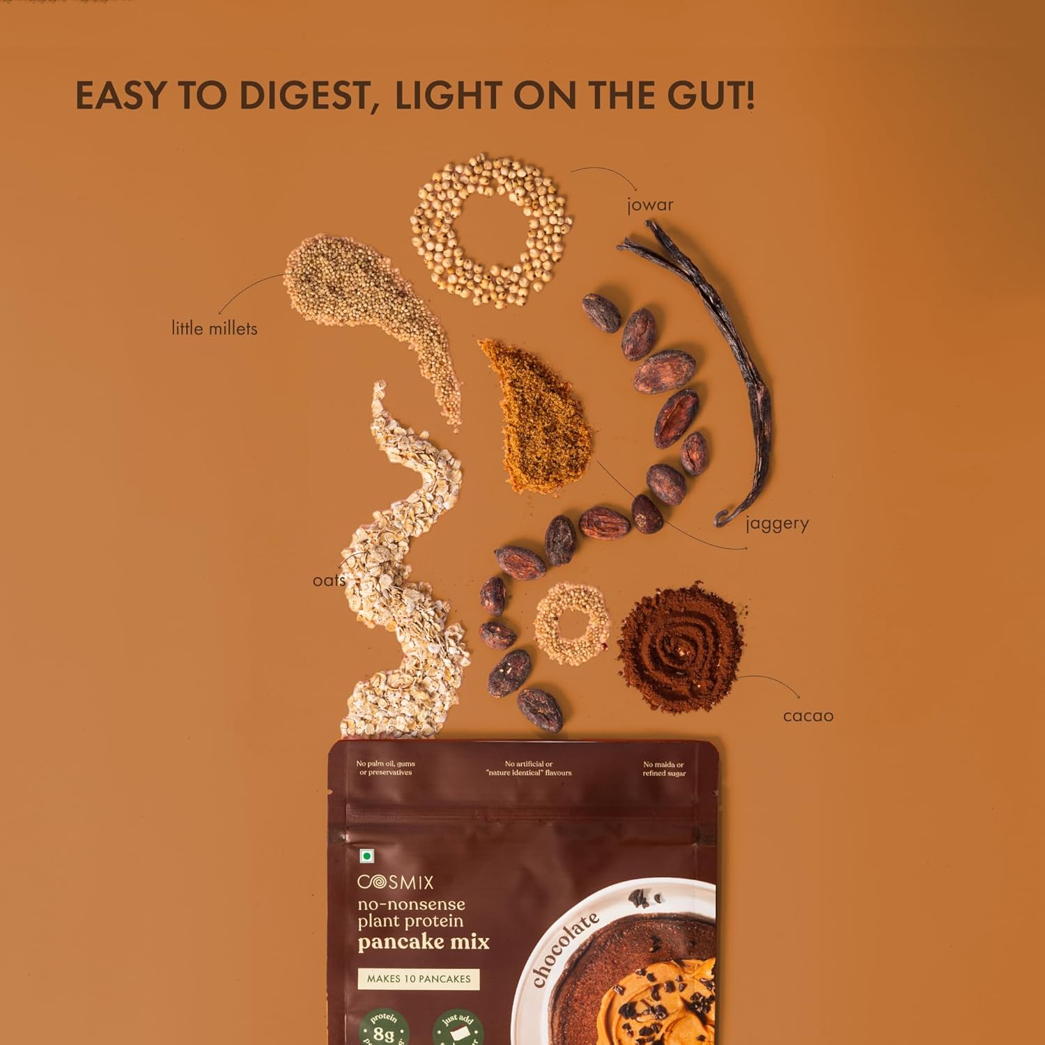 Cosmix No-Nonsense Protein Pancake | 8g Protein/Serving | Instant Breakfast with Supergrain Blend (Oats, Jowar, Kodo, Little Millet) | Pancake Mix | No Maida, No Refined Sugar | Chocolate - 450g