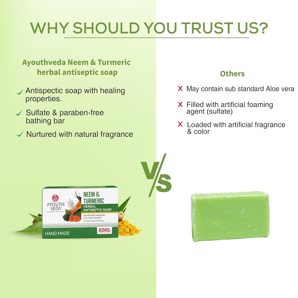 Ayouthveda Neem and Turmeric Herbal Soap | Antiseptic Bathing Soap with Natural Fragrance | Prevents Skin Disease With Neem & Turmeric | For Glowing & Acne Free Skin (Pack of 1-100gm)