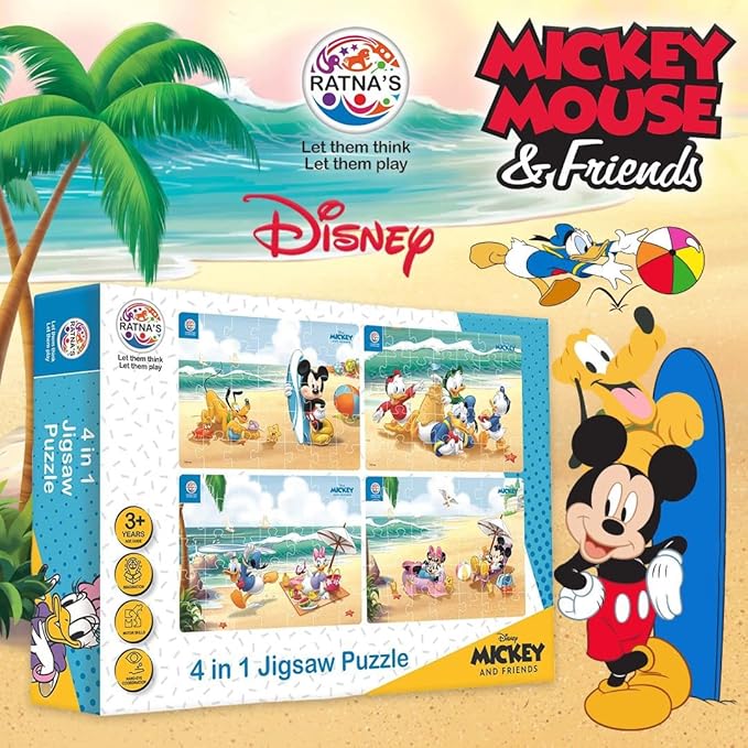 Ratna's 4 in 1 Disney Jigsaw Puzzle 140 Pieces for Kids | 4 Jigsaw Puzzles 35 Pieces Each | Mickey Mouse & Friends