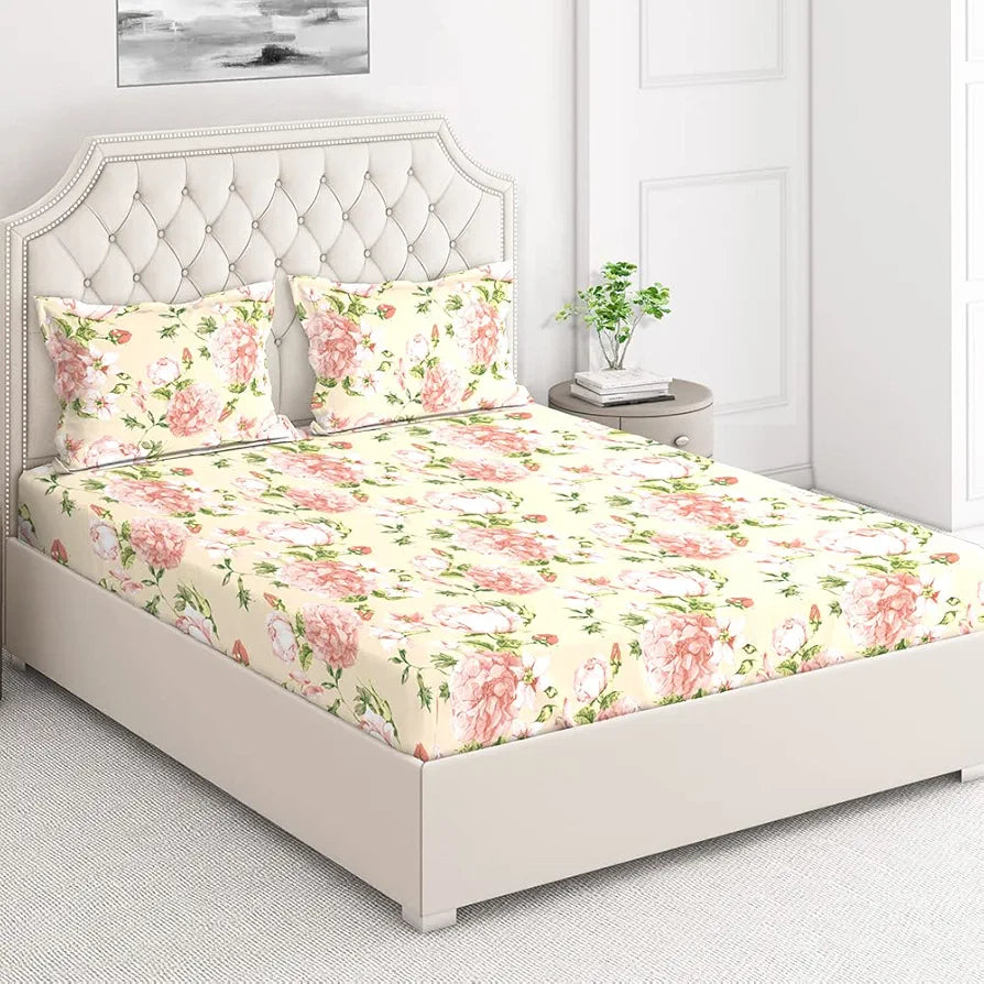 Layers Classic Cotton Bedsheet Set for All Seasons Lightweight 104 TC Queen Size Light Pink, Floral Pattern