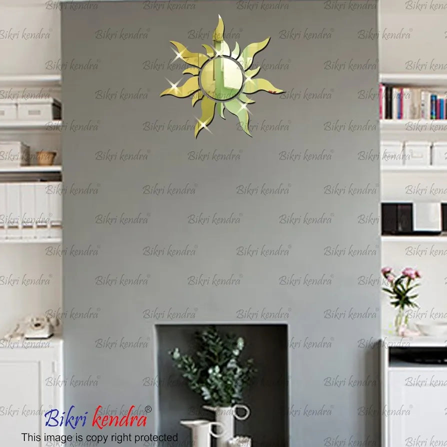 Bikri Kendra Sun Golden Model-4 Mirror Stickers for Wall, Acrylic Mirror Wall Decor Sticker