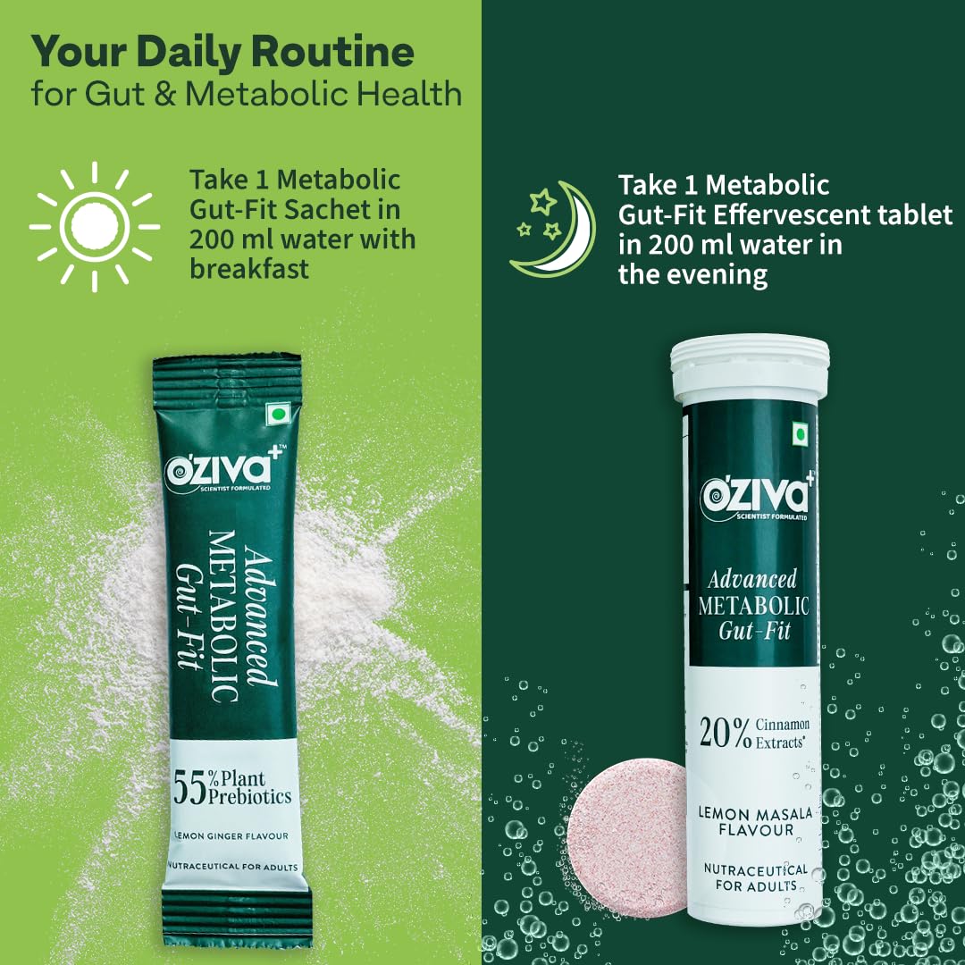 OZiva+ Advanced Metabolic Gut-Fit For Gut & Metabolic Heath | With Cinnamon Polyphenols, B420â„¢ Probiotic, Oat Fiber Prebiotic | 30 Sachets + 30 Effervescent Tablets