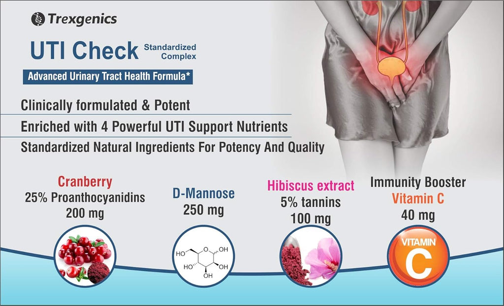 Trexgenics UTI CHECK Advanced Urinary Tract Cleanse & Function, Immunity Support with Optimized Cranberry 200mg, D-Mannose 250mg & Hibiscus 100mg & Vitamin C 40mg (60 Vcaps) (1)