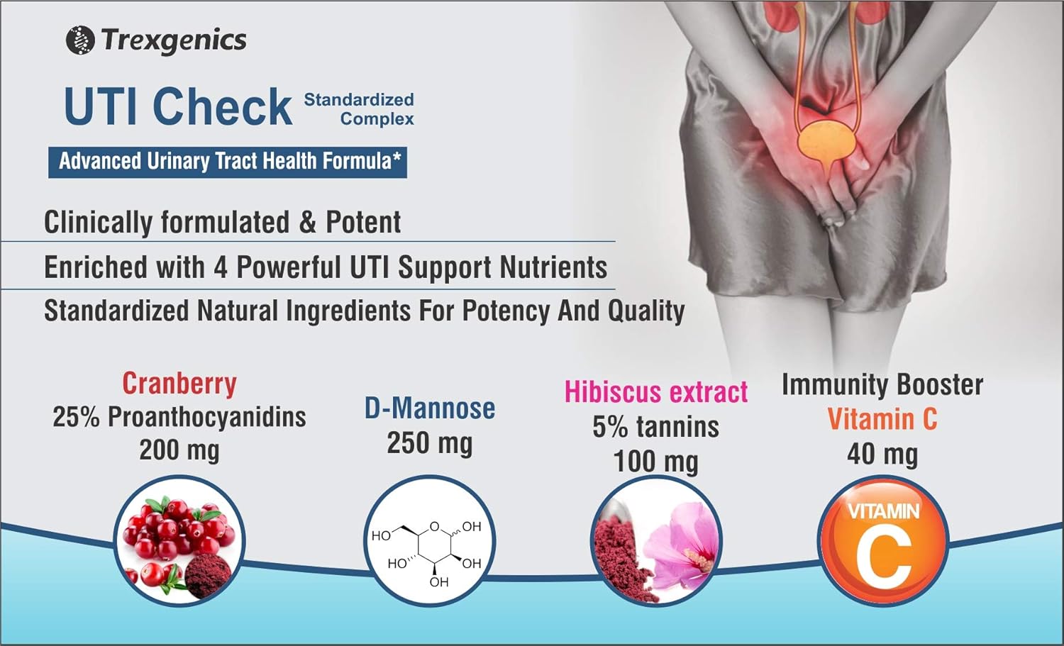 Trexgenics UTI CHECK Advanced Urinary Tract Cleanse & Function, Immunity Support with Optimized Cranberry 200mg, D-Mannose 250mg & Hibiscus 100mg & Vitamin C 40mg (60 Vcaps) (1)