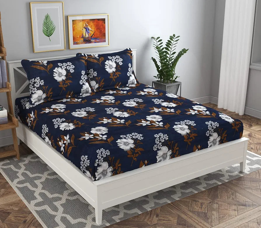 HomeKart Microfiber bedsheet for Double Bed with 2 Pillow Covers Breathable and Soft Touch 144 TC Pattren Floral Blue and White TC - 144