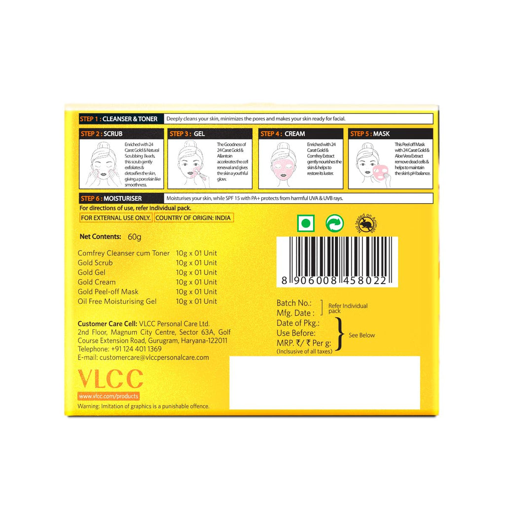 VLCC Gold Facial Kit, Bright & Glowing Skin - 60g | Pamper your Skin for a Luminous Glow | Parlour Glow with 24K Gold Bhasma, Rose Extracts, Turmeric & Aloe Vera.