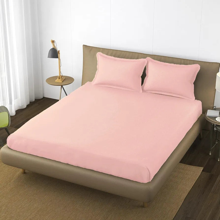 Trance Home Linen 100% Cotton 78x72 inch King Elastic Fitted Bedsheet 400TC Soft Durable Plain Fitted Elastic Bed Sheet with 2 Pillow Covers Colour Blush Peach