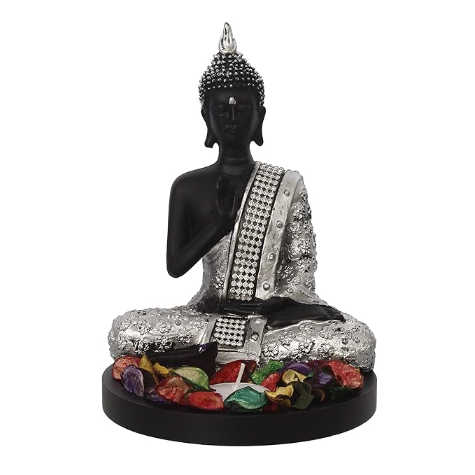 Ecraftindia Black & Silver Polyresin Meditating Blessing Lord Buddha Statue With Wooden Base | Tealight Candle Holder for Home