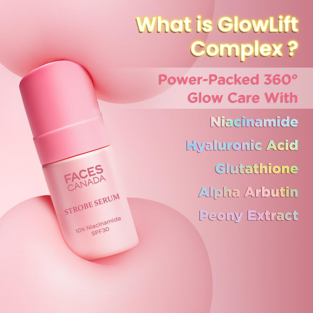 FACES CANADA Strobe Serum - 27ml | Brightening Serum + Strobe Cream + SPF 30 Sunscreen | 10% Niacinamide | Removes Dark Spots & Hyperpigmentation | GlowLift Complex | Instant Glow