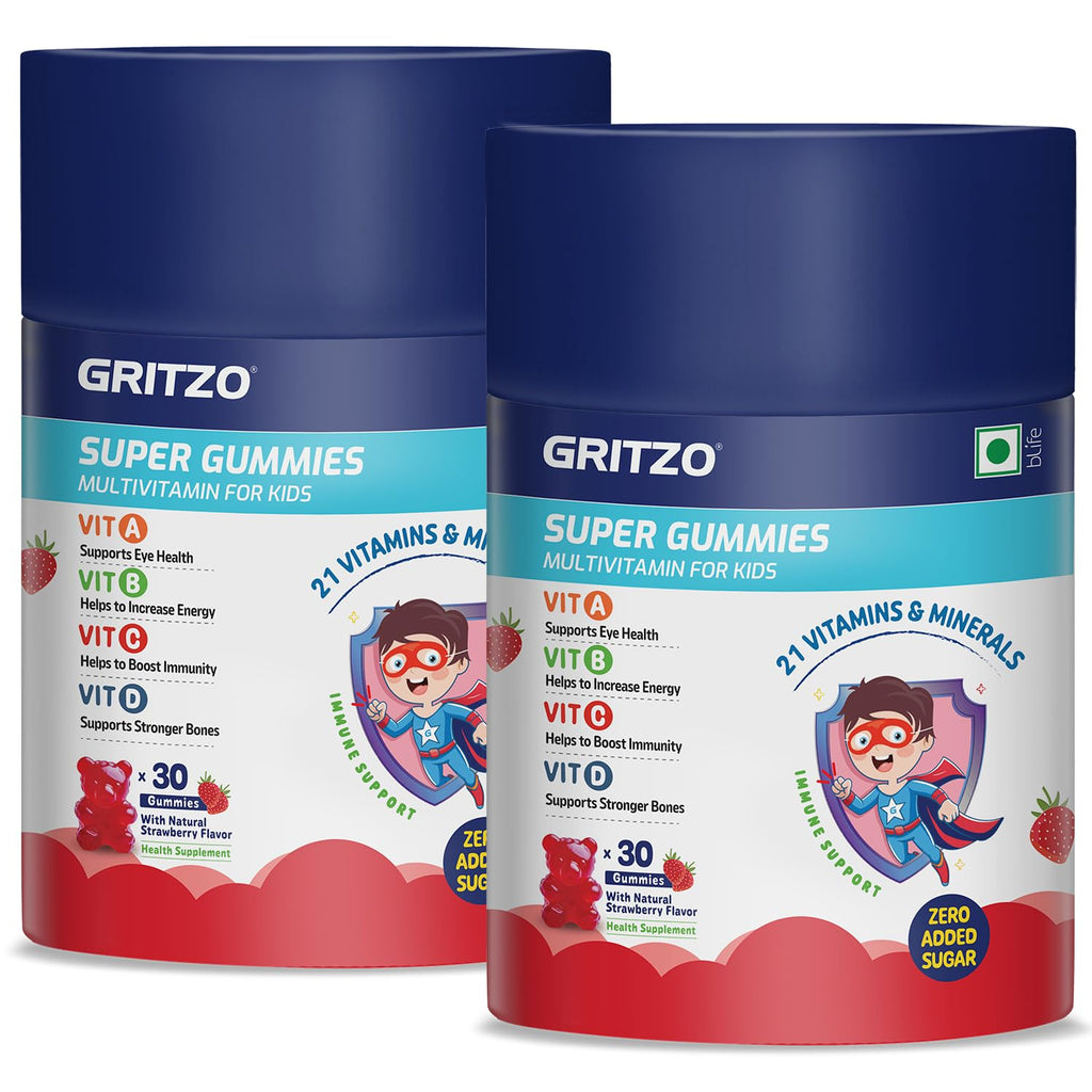 Gritzo Super Gummies Multivitamin for Kids Natural Strawberry Flavour - 30 gummies Each (Pack of 2)
