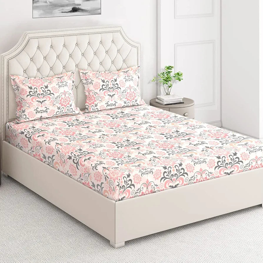 Layers Classic Cotton Bedsheet Set for All Seasons Lightweight 104 TC Queen Size Pink Ethnic Pattern