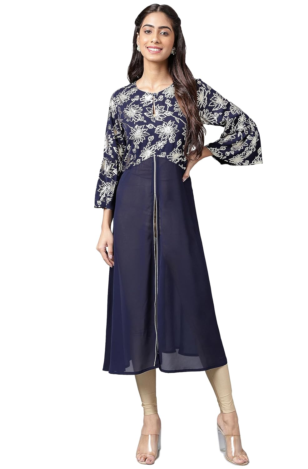 Janasya Women's Navy Blue Georgette Foil Printed A-Line Front Slit Kurta
