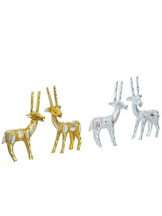 Ecraftindia Set of 4 Engraved Golder and Silver Deer Pair Handcrafted Decorative Metal Figurine