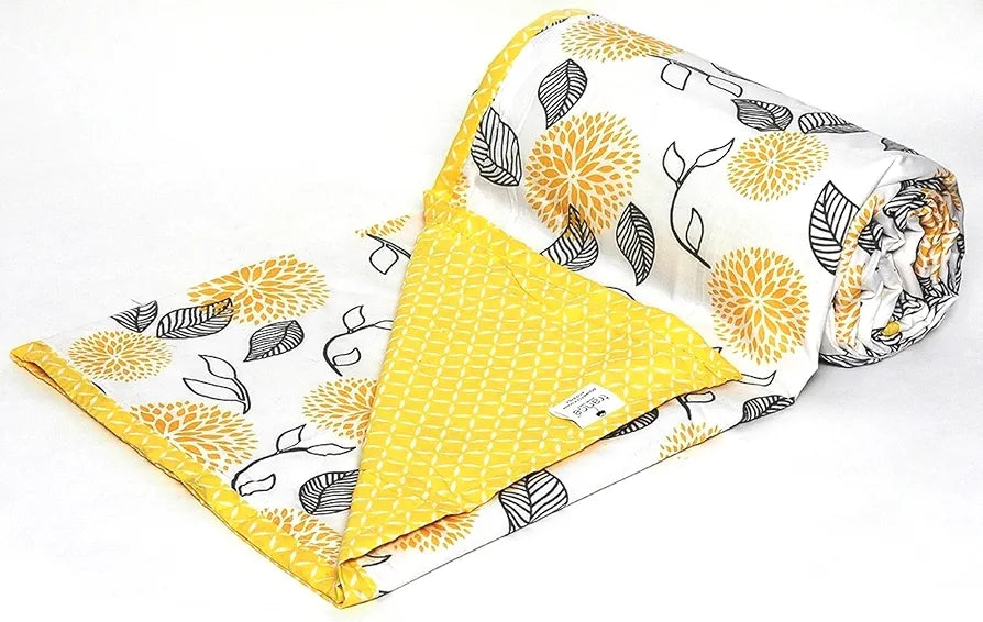 Trance Home Linen Premium Dohar Single Bed 100% Cotton Reversible 150 GSM Ac Blanket Comforter Light Weight Colour Yellow White Floral Abstract