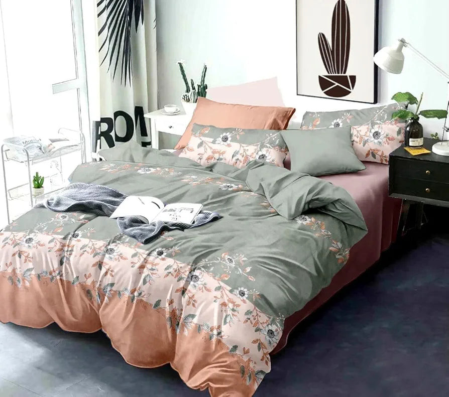 The Home Style 400 TC Cotton Elastic Fitted All Around Printed King Size Double Bed Bedsheet wih 2 Pillow Cover Peach Puff