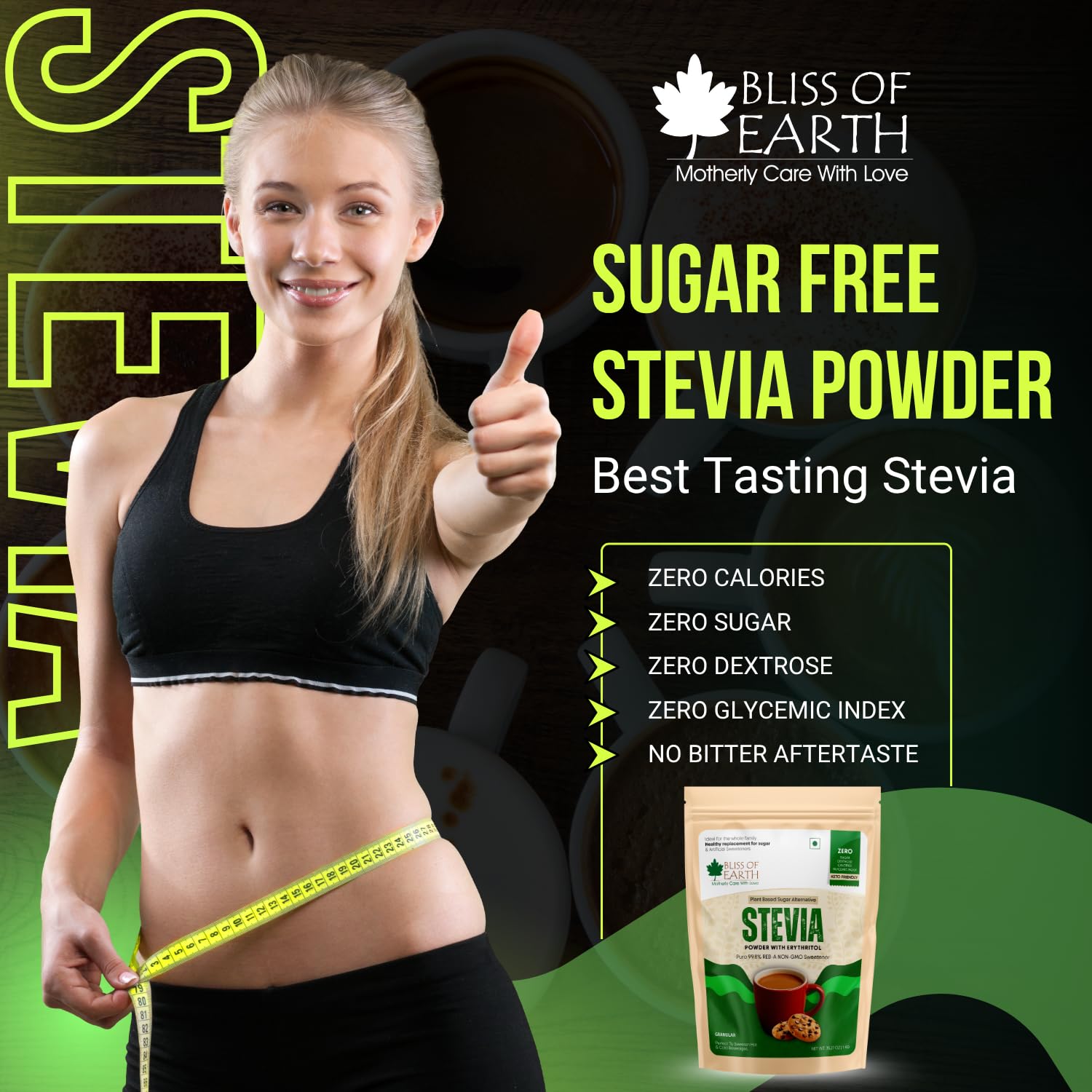 Bliss of Earth Stevia Powder, Sugar Free Zero Calorie Sweetener Diabetic and Keto Friendly 99.8% Purity Vegetarian Gluten Free Quick Dissolve, 1 KG