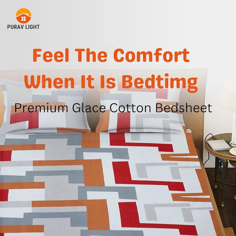 Purav Light Microfiber Cotton Flat Bed Elasticsheet Printed Bedsheet for Double Bed King Size Bed with 2 Pillow Covers 310 TC Breathable Red Color