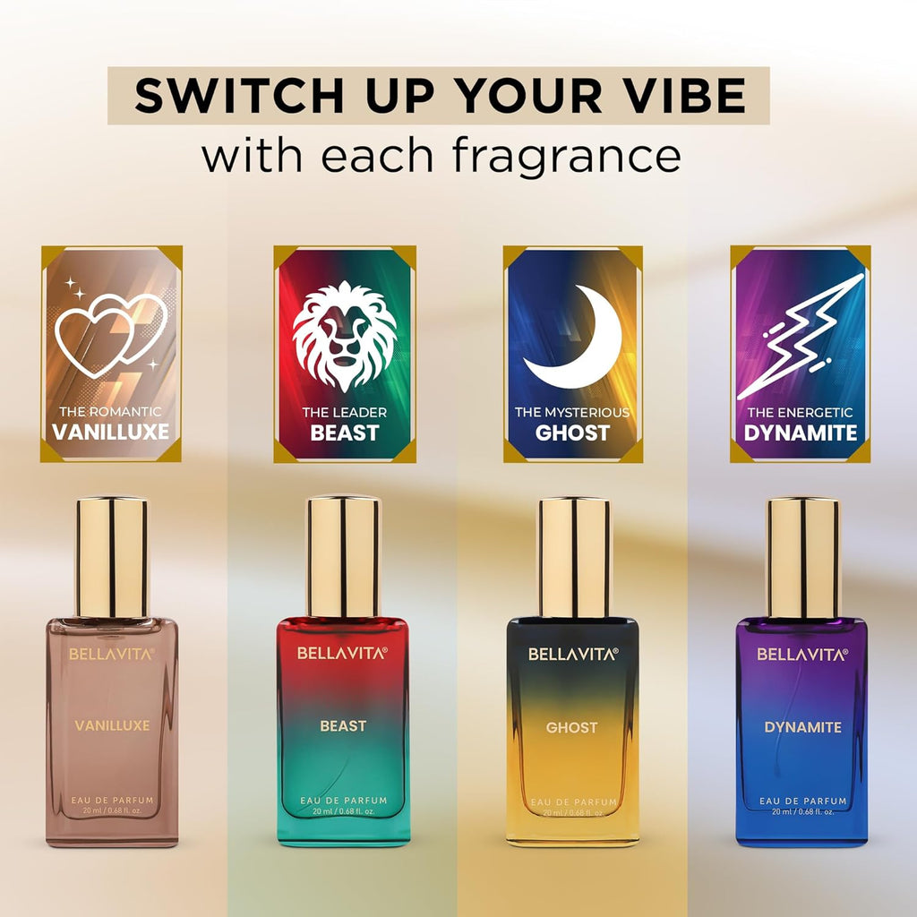 BELLAVITA Alter Ego Collection | 4x20ml | Long Lasting EDP | Gift for Man and Woman | Perfume for Man and Woman | Vanilla, Caramel & Musk | Floral, Spicy Premium Fragrance for Men and Women