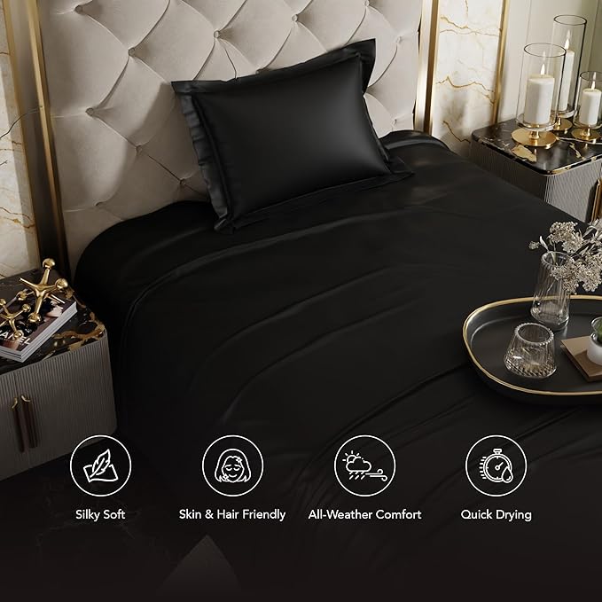 Stoa Paris Satin Bedsheets for Single Bed 300TC Premium Bedsheet with 1 Pillow Cover Colour Midnight Black