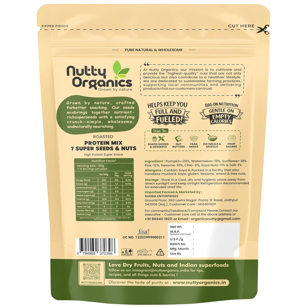 Nutty Organics 7-in-1 Seeds & Nuts Mix| Omega-Rich Superfood | Roasted Pumpkin, Sunflower, Watermelon, Flax, Sesame, Chia & Soya | Healthy Snack | Vegan & Gluten-Free