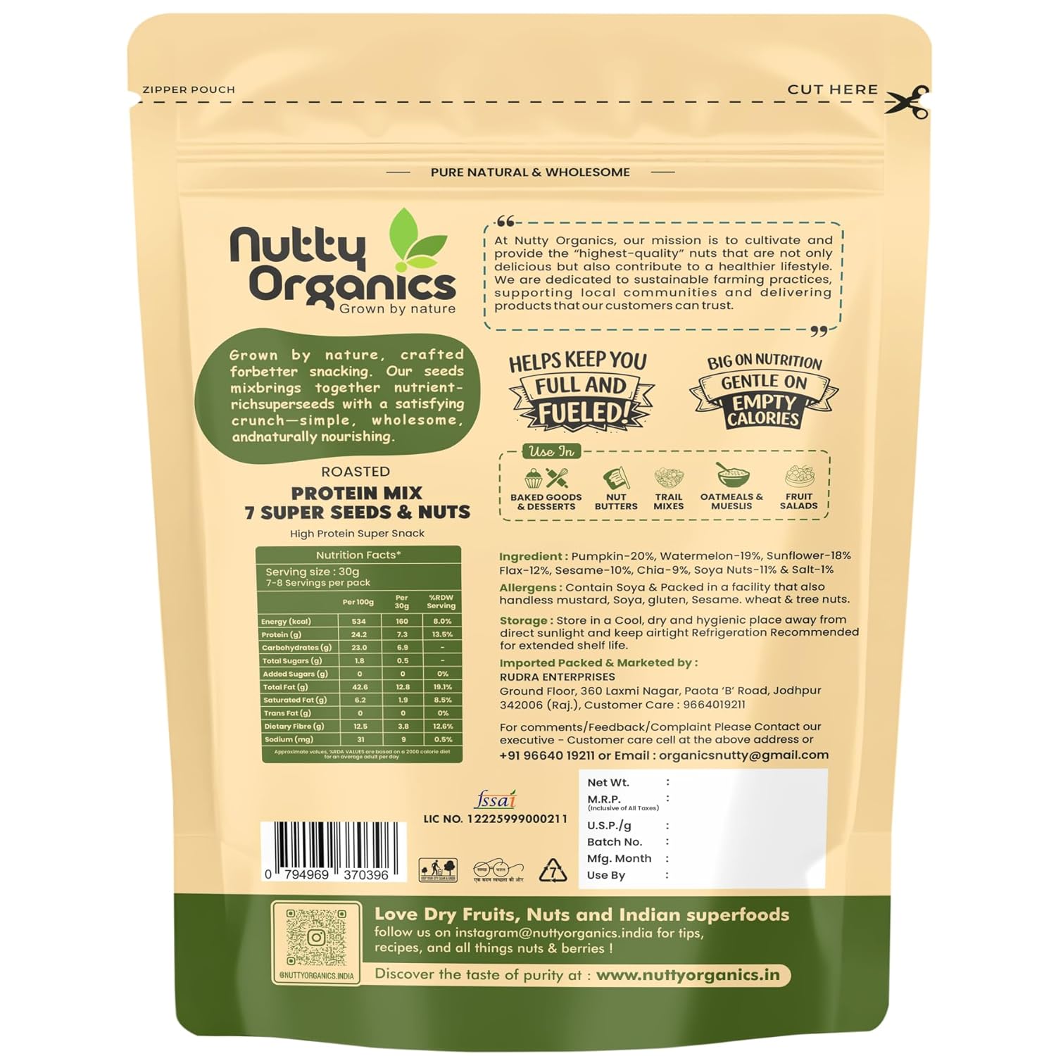 Nutty Organics 7-in-1 Seeds & Nuts Mix| Omega-Rich Superfood | Roasted Pumpkin, Sunflower, Watermelon, Flax, Sesame, Chia & Soya | Healthy Snack | Vegan & Gluten-Free
