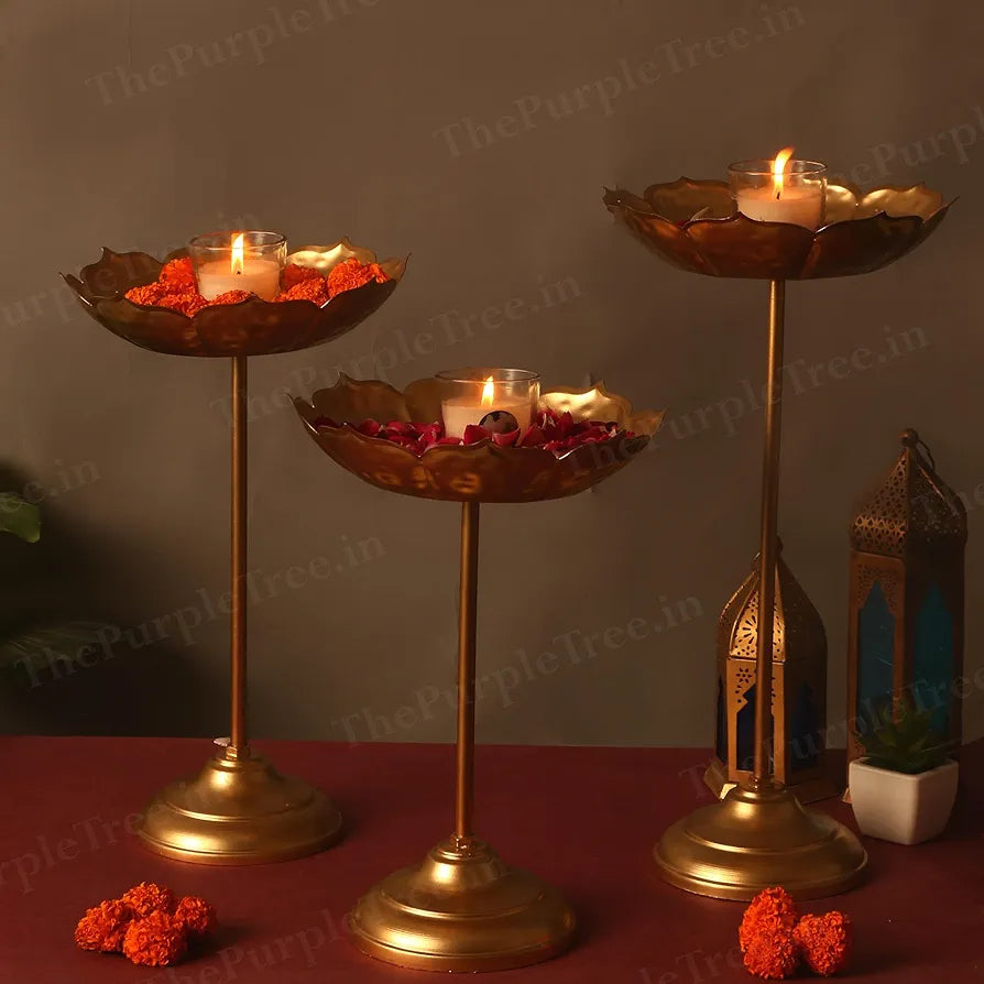 The Purple Tree Beautiful Handcrafted Lotus Urli Bowl With Stands Floating Flowers And Tea Light Candles Golden Lotus Urli with Stand 3 pc