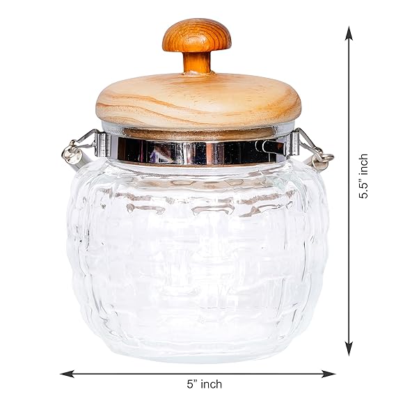Femora Kitchen Storage Jars Embossed Glass Jar With Wooden Lid & Jute Chain Air Tight Jar | 500 Ml