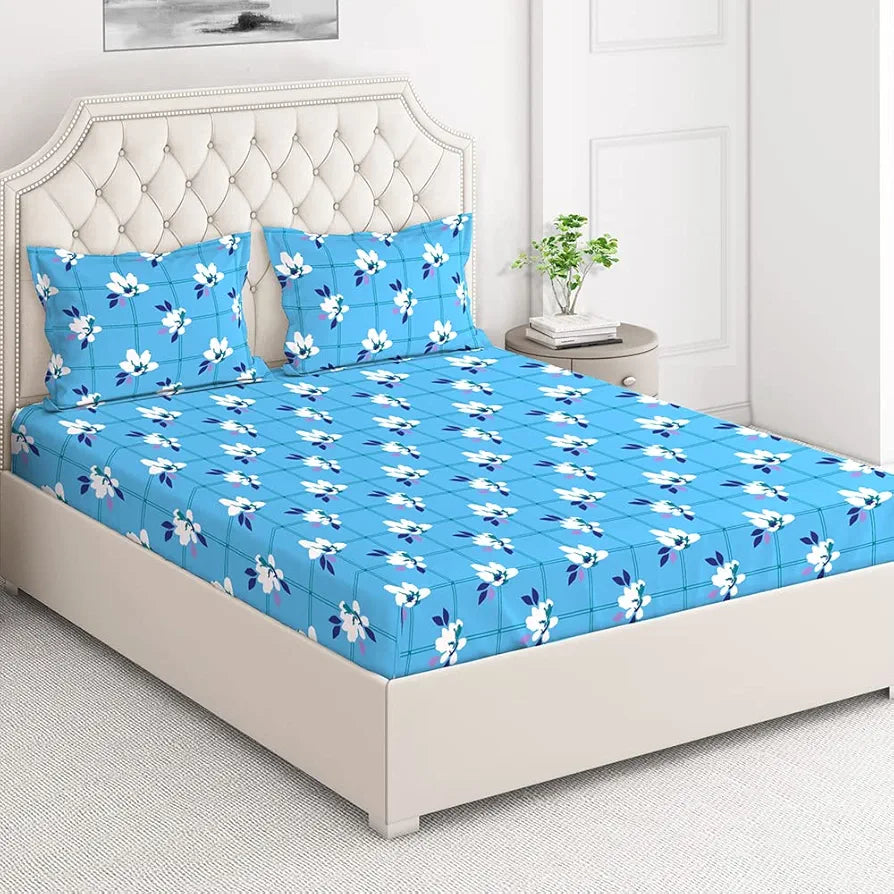 Layers Cotton King Size Bedsheet with 2 Pillow Covers Light Weight Breathable Classic Collection Blue Floral