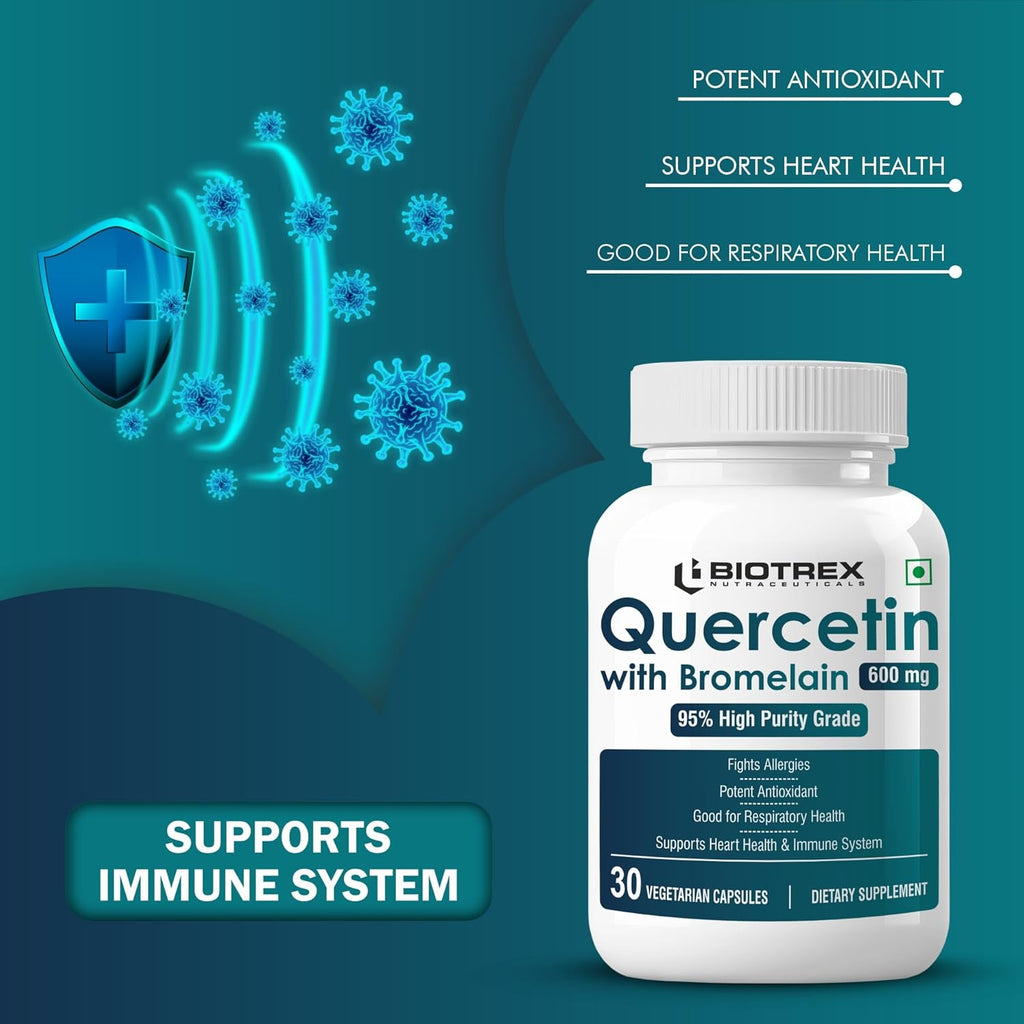 Biotrex Nutraceuticals Quercetin with Bromelain 600mg Better Respiratory Health | Antioxidant | Fights Allergies | Immunity & Cardiovascular Health - 30 Veg Capsules