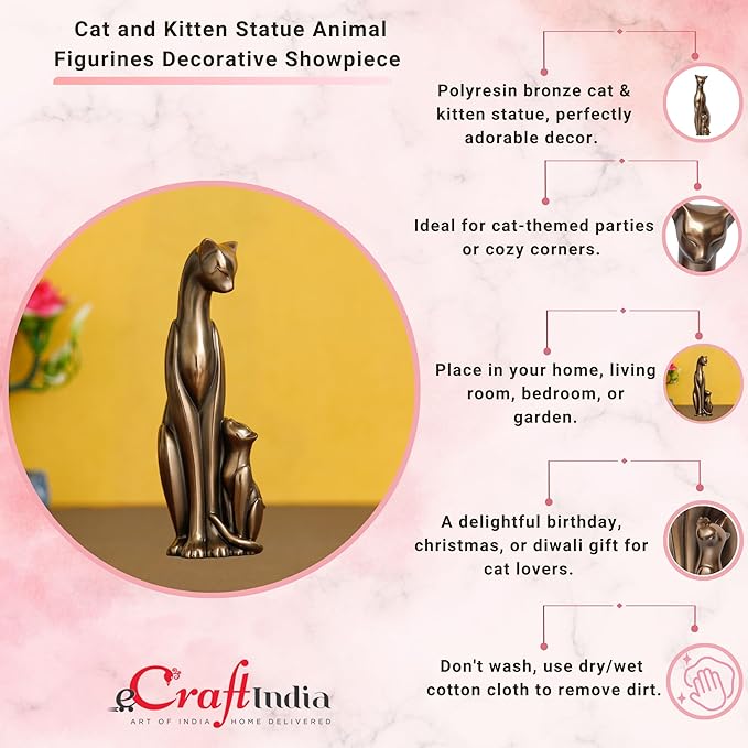 Ecraftindia Handcrafted Polyresin and Bronze Cat and Kitten Statue Animal Figurines Decorative Showpiece