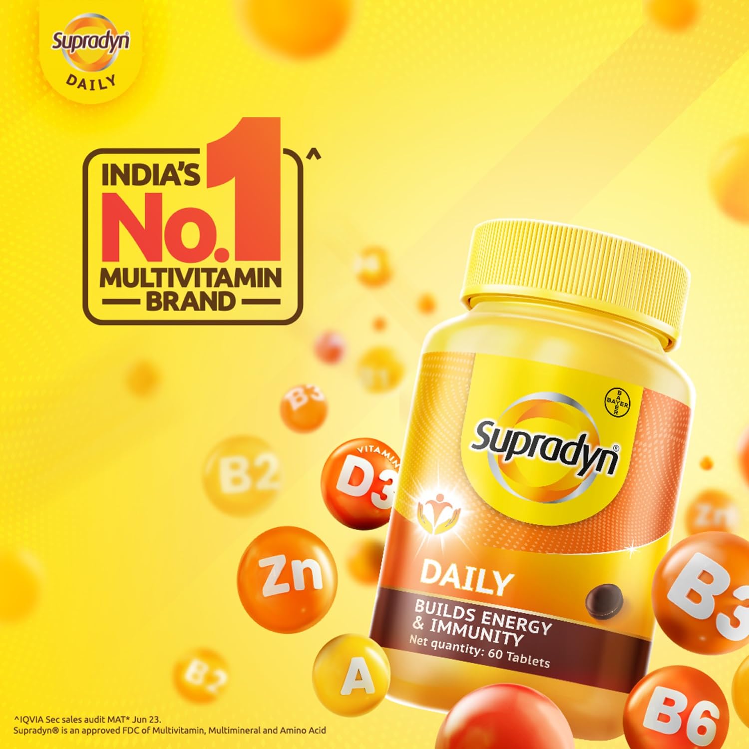 Supradyn Daily, No.1 Multivitamin (60 tablets) with Biotin, Vitamin C, Vitamin D3, Calcium, Zinc for Daily Immunity & 2X Energy for Men & Women
