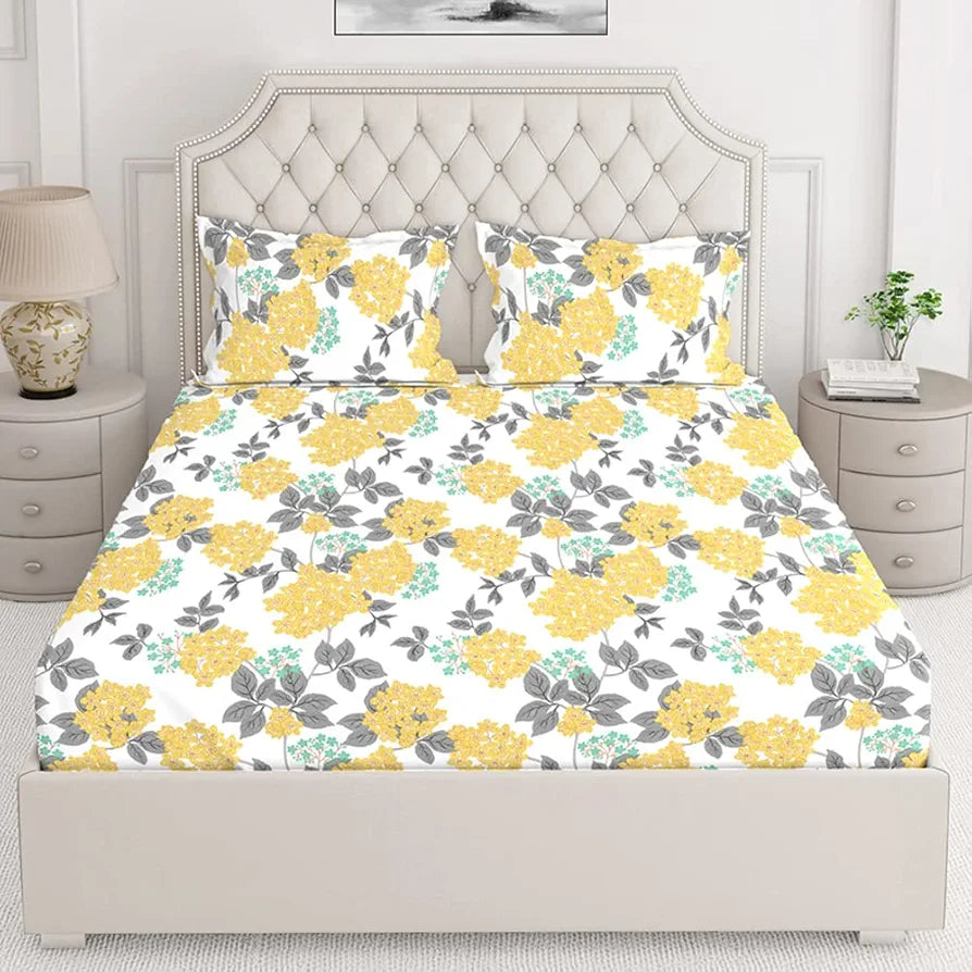 Layers Toughened Cotton Bedsheet for Double Bed King Size with Pillow Cover Set 225 TC Yellow Floral Pattern