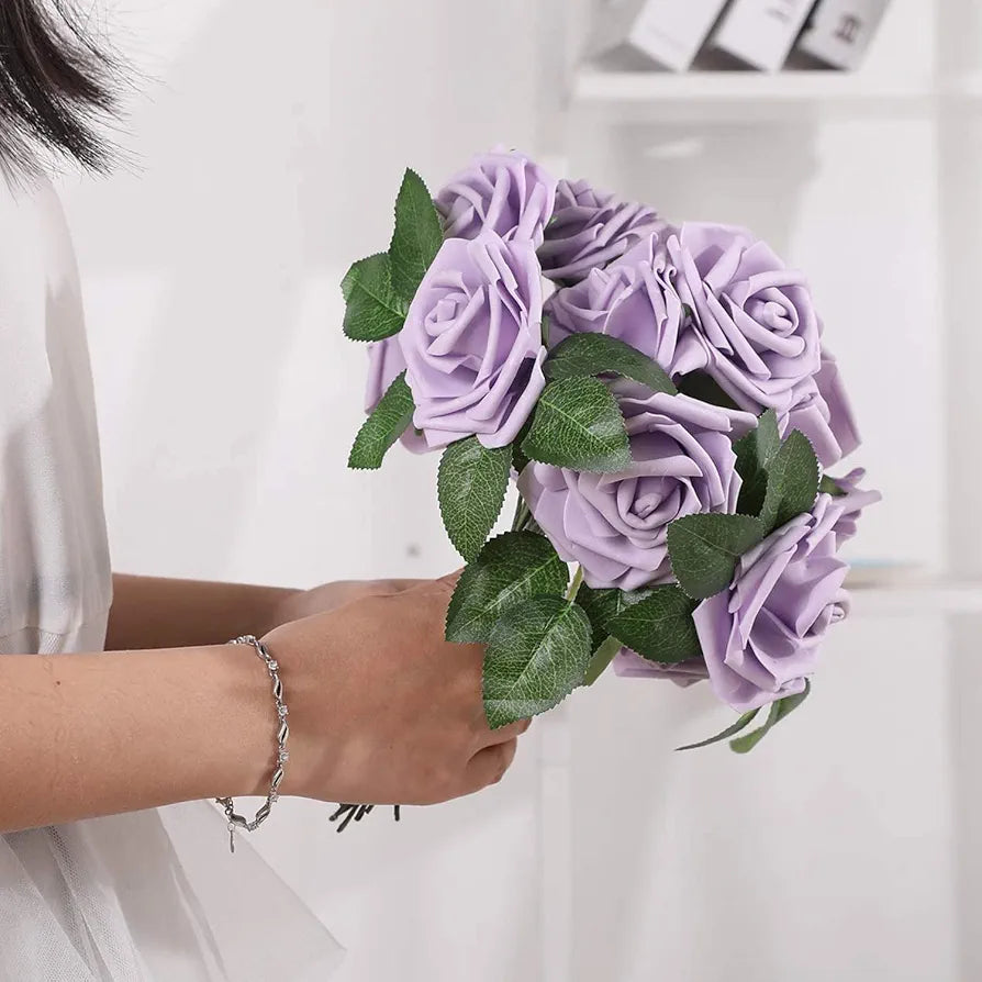 Artificial Flowers 25pcs Real Looking Fake Roses w/Stem Lilac