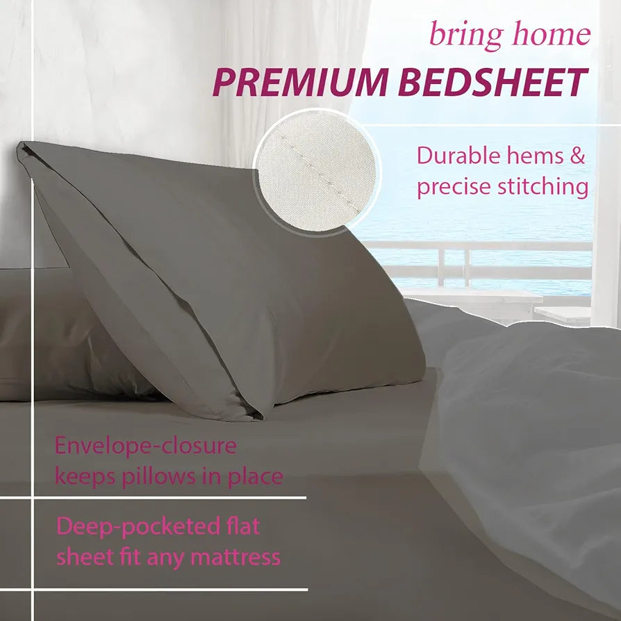 Trance Home Linen Premium 300 TC Pure 100% Cotton Queen Fitted Bedsheet with 2 Pillow Covers Colour Ash Grey
