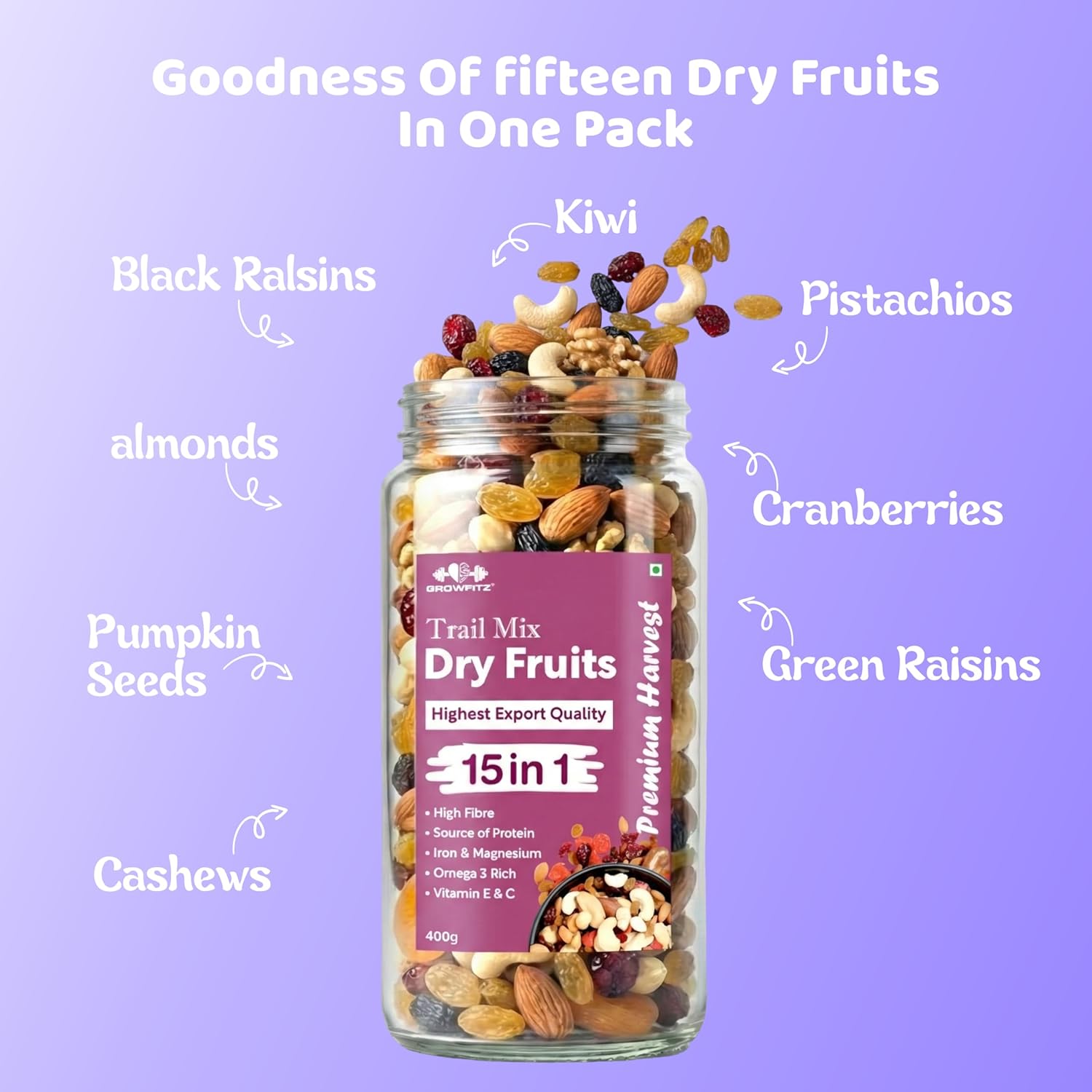 Growfitz Premium 15-in-1 Trial Mix 400g | Healthy Mixed Dry Fruits, Nuts & Seeds | Cashews, Almonds, Pistachio, Cranberries, Raisins, Pumpkin, Sunflower | High Protein Snack | Reusable Jar, Pack of 1